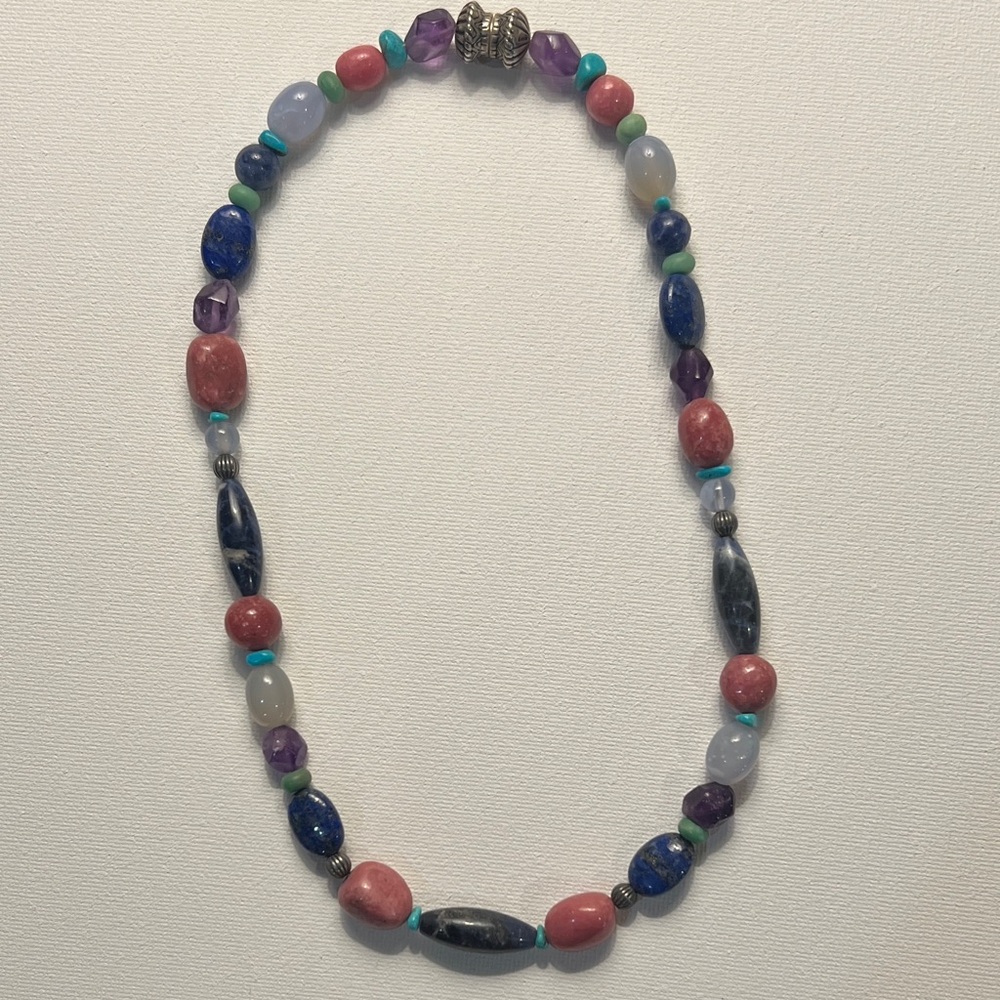 Multi-Stone Beaded necklace with Magnetic Clasp Amethyst, Rose Quartz, Turquoise